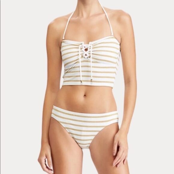 NWT Lauren Ralph Lauren Gold Stripe Tie Top - Picture 5 of 8